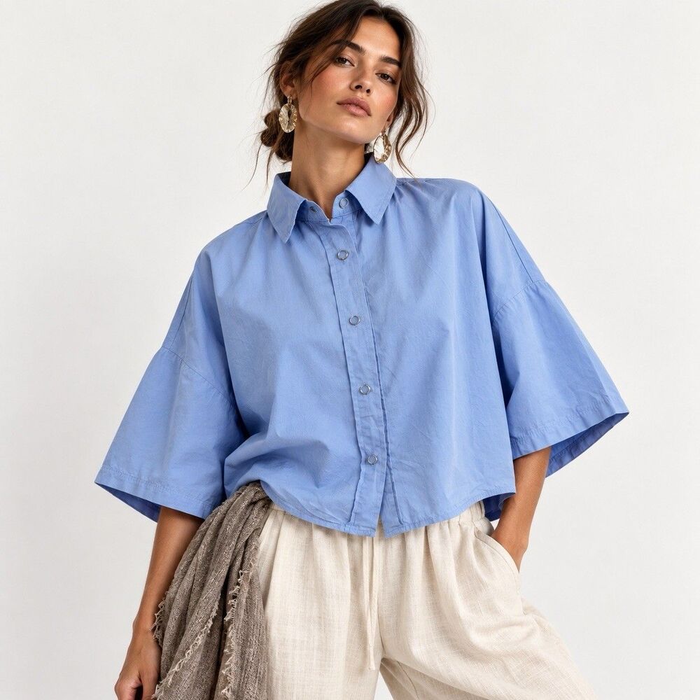 Le Pitta Cotton Boxy Artsy Button Crop Shirt Top Tunic Blouse OS Blue